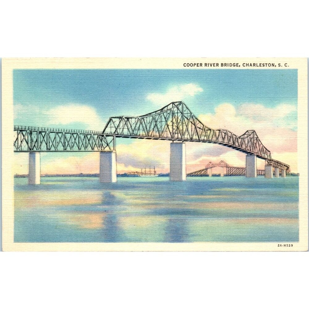 Postcard Vtg Cooper River Bridge Charleston South Carolina white border Linen